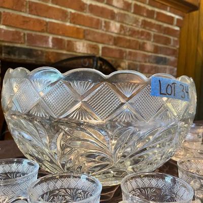 (19 piece)  Etched Glass Punch Bowl & Glasses 