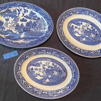 Lot of (3) ornate blue and white platters
