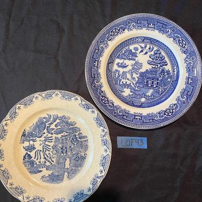 (2) vintage blue and white plates