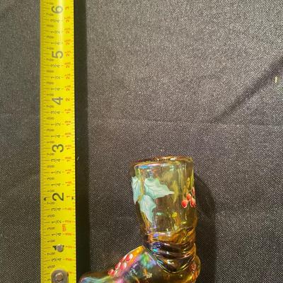 stone owl, Fenton boot, green glass boot w/ bear, red glass pitcher, blue glass birds