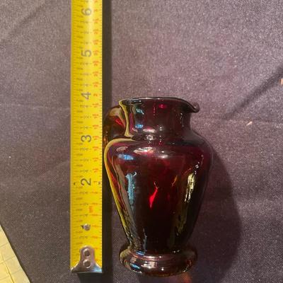 stone owl, Fenton boot, green glass boot w/ bear, red glass pitcher, blue glass birds
