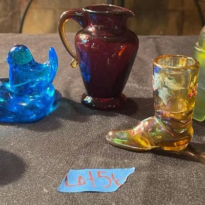 stone owl, Fenton boot, green glass boot w/ bear, red glass pitcher, blue glass birds