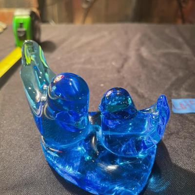 stone owl, Fenton boot, green glass boot w/ bear, red glass pitcher, blue glass birds