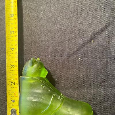 stone owl, Fenton boot, green glass boot w/ bear, red glass pitcher, blue glass birds