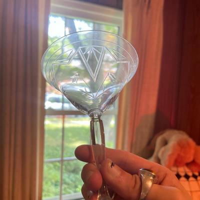Set of (4) etched crystal stemware glasses