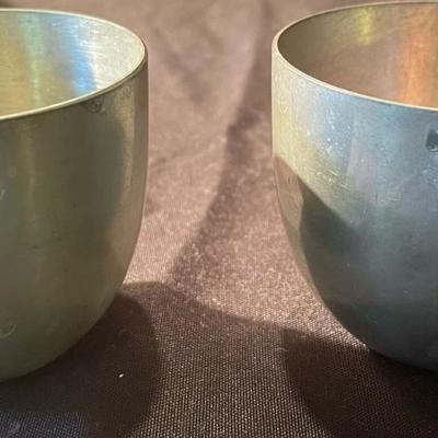 (2) Steiff pewter cups, Mexico mother of pearl inlay cup