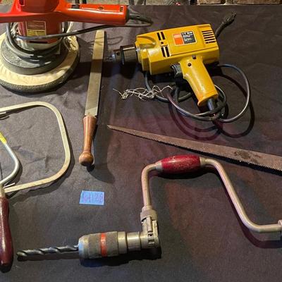 Stanley saw, Temco saw, hand drill, power kraft 8" polisher, ward power kraft 1/2" drill plug in, filer, handsaw