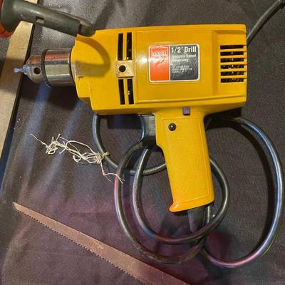 Stanley saw, Temco saw, hand drill, power kraft 8" polisher, ward power kraft 1/2" drill plug in, filer, handsaw