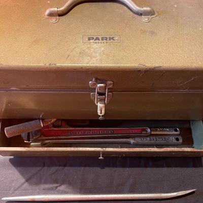 Metal park tool box w/contents, mix of quality tools
