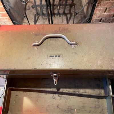 Metal park tool box w/contents, mix of quality tools