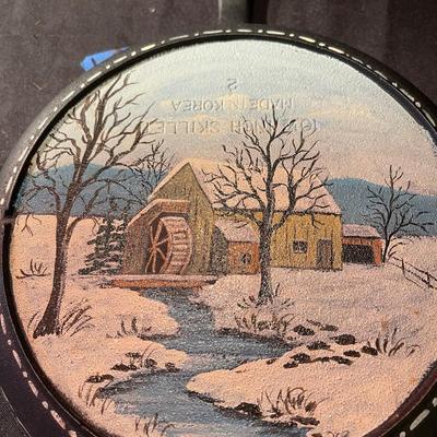 Antique signed cast iron skillet w/ hand painted scene