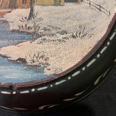 Antique signed cast iron skillet w/ hand painted scene