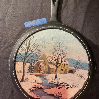 Antique signed cast iron skillet w/ hand painted scene