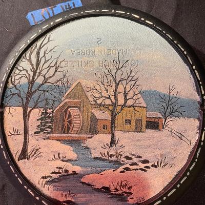 Antique signed cast iron skillet w/ hand painted scene
