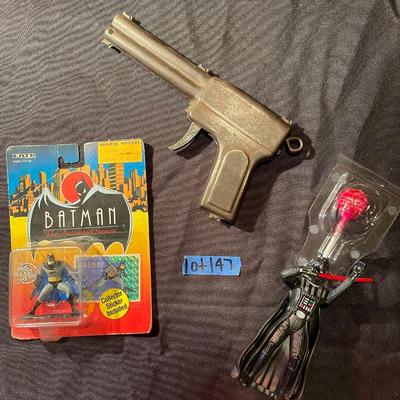 1993 ERTL die cast metal 2456/2469 Batman figure w/ sticker, darth vader toy, antique daisy no. 72 squirt-o-matic water pistol