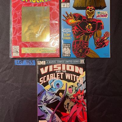 (3) Marvel Comics featuring spiderman, ironman, and scarlet witch