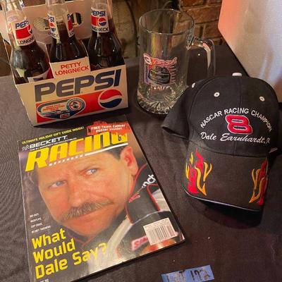 Lot of Racing Magazine, Nascar hat, Dale #3 mug, and special edition pepsi bottles 