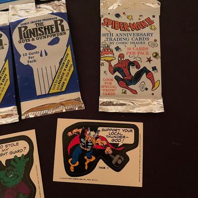 (3) Marvel Universe, (2) The Punisher guts + gunpowder, (4) Marvel Stickers, (1) X-Force, (1) Spiderman 2