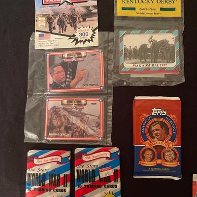 Desert Storm series 1 Troops, (2) 50Th Anniversary WW2, (10 Topps American Heritage, Kentucky Derby, (2) Club Pro set learning cards, (2)...