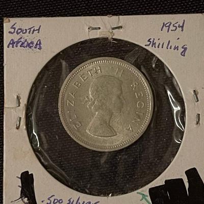 1941 South African 3 pence, 1954 Sa Shilling, 1950 SA 5 Shillings silver coins
