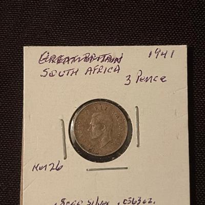 1941 South African 3 pence, 1954 Sa Shilling, 1950 SA 5 Shillings silver coins