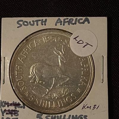 1941 South African 3 pence, 1954 Sa Shilling, 1950 SA 5 Shillings silver coins