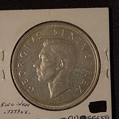1941 South African 3 pence, 1954 Sa Shilling, 1950 SA 5 Shillings silver coins