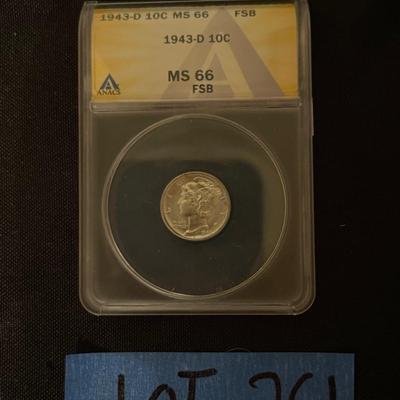 1943-D Mercury dime graded MS-66 by ANACS