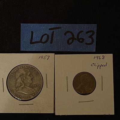 1957 Franklin Half Dollar, 1968 clipped penny