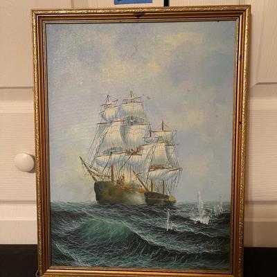 S.Irwin signed beautiful ship painting in gold frame.