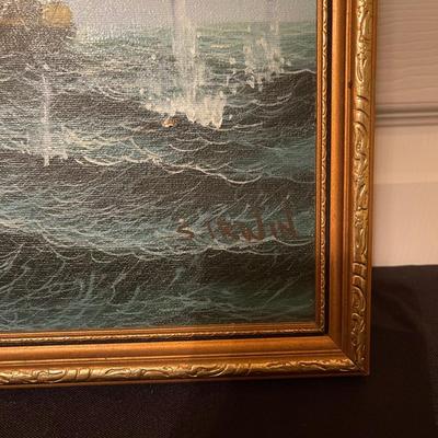 S.Irwin signed beautiful ship painting in gold frame.