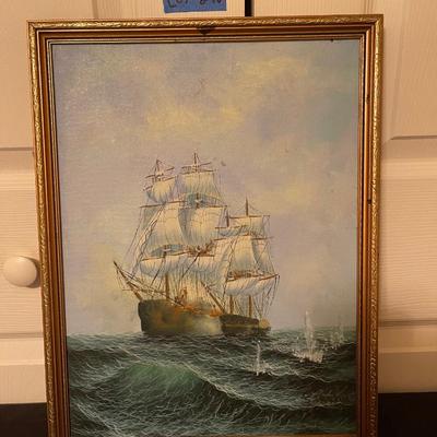 S.Irwin signed beautiful ship painting in gold frame.
