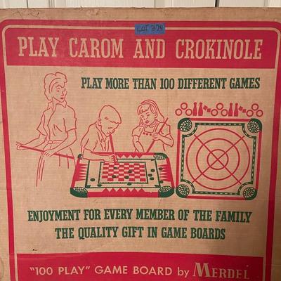 Antique Carom and Crokinole "100 play board" by Merdel includes sticks, intrustuctions, box, board and extra parts.