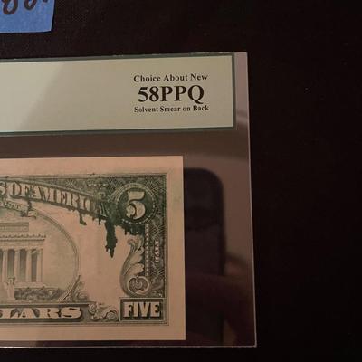 PCGS currency Federal Reserce 1988 $5 error (ink bleed)