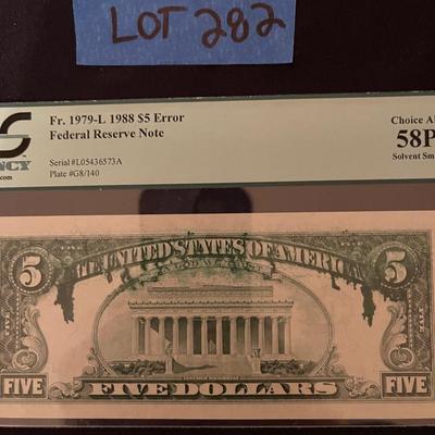 PCGS currency Federal Reserce 1988 $5 error (ink bleed)
