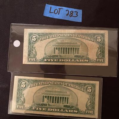 (2) Vintage Lincoln $5 dollar bills