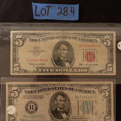 (2) Vintage Lincoln $5 dollar bills, (1) 5 star notes uncirculated $1 bill