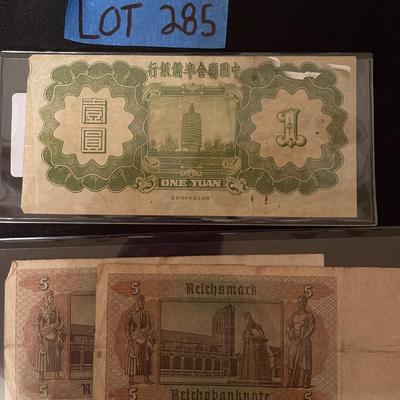 (2) 1942 5 Mark Germany Reichsbanknote, (1) 1939 China 1 yuan, (1) 1946 Japan 100 yen