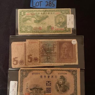 (2) 1942 5 Mark Germany Reichsbanknote, (1) 1939 China 1 yuan, (1) 1946 Japan 100 yen