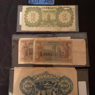(2) 1942 5 Mark Germany Reichsbanknote, (1) 1939 China 1 yuan, (1) 1946 Japan 100 yen