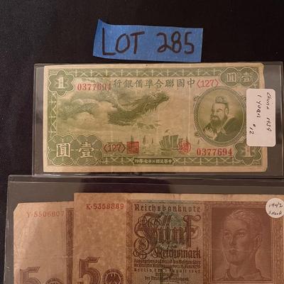 (2) 1942 5 Mark Germany Reichsbanknote, (1) 1939 China 1 yuan, (1) 1946 Japan 100 yen