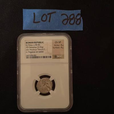 Circa 90 B.C. Roman Republic Q.Titius pegasus on tablet NGC certified VF strike 4/5 surface  