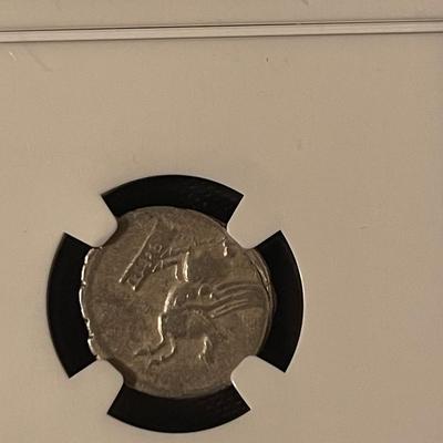 Circa 90 B.C. Roman Republic Q.Titius pegasus on tablet NGC certified VF strike 4/5 surface  