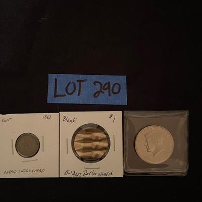 1863 capped Liberty head 45/332 "Our Army", Golden waffle dollar destroyed at mint, 2007s kennedy silver half dollar