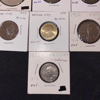 Lot of (7) vintage Italty vatican coins- Pope John Paul 2 Token, 1962 100 Lira km 73, 1957 100 lire km 55, 1977 50 lire km A121, 1979 20...