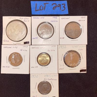 Lot of (7) vintage Italty vatican coins- Pope John Paul 2 Token, 1962 100 Lira km 73, 1957 100 lire km 55, 1977 50 lire km A121, 1979 20...
