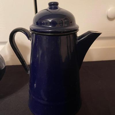 USA made vintage pottery pitcher with lid & blue pitcher