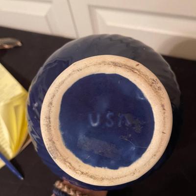 USA made vintage pottery pitcher with lid & blue pitcher