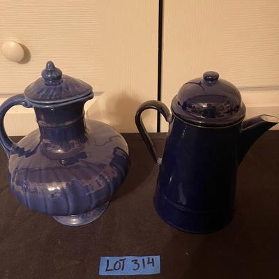 USA made vintage pottery pitcher with lid & blue pitcher
