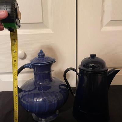 USA made vintage pottery pitcher with lid & blue pitcher